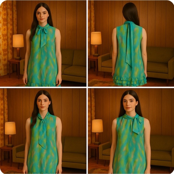 Irving Nadler Dresses & Skirts - Vintage 60s Irving Nadler Watercolor Shift Dress S/M Green Sleeveless Ruffle Mod